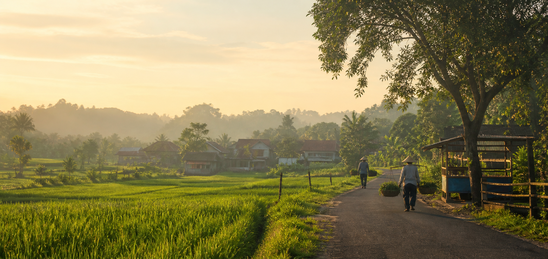 Hamparan persawahan dan suasana desa agraris